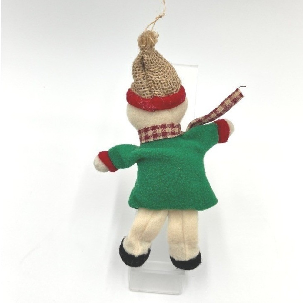 Vintage Style Rustic Snowman Christmas Ornament Green Coat Burlap Hat 7 Inch - Picture 2 of 4